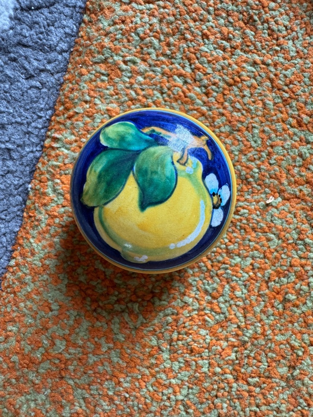 Italian Hand-Painted Ceramic Lemon Trinket Box - Yellow Blue